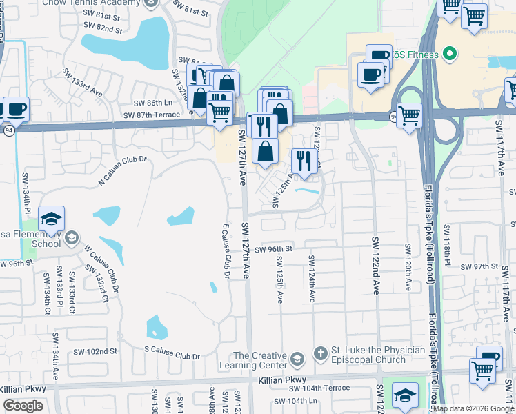 map of restaurants, bars, coffee shops, grocery stores, and more near 9060 Southwest 125th Avenue in Miami
