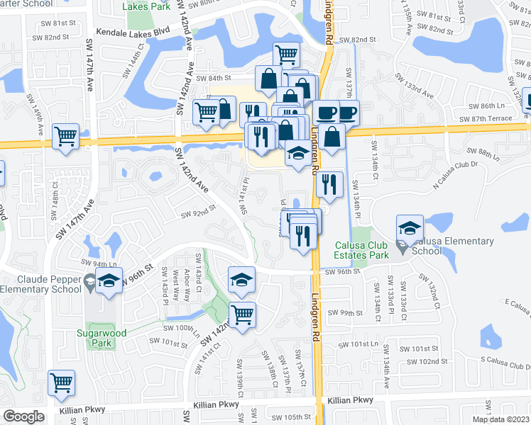 map of restaurants, bars, coffee shops, grocery stores, and more near 14020 91st Terrace in Miami