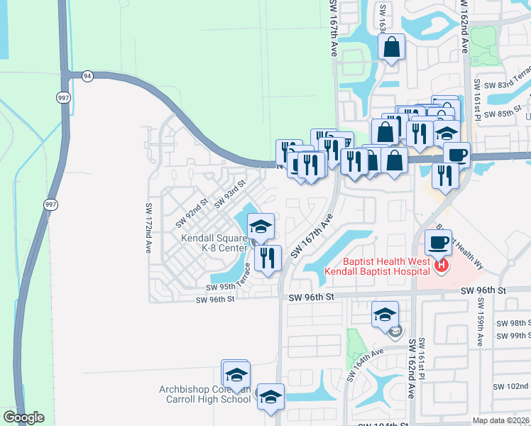 map of restaurants, bars, coffee shops, grocery stores, and more near 16940 Southwest 90th Terrace Circle in Miami