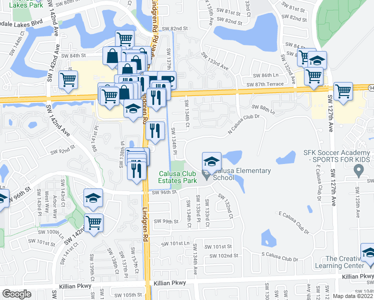 map of restaurants, bars, coffee shops, grocery stores, and more near 9211 West Calusa Club Drive in Miami