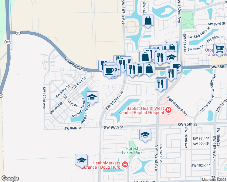 map of restaurants, bars, coffee shops, grocery stores, and more near 9586 Southwest 168th Avenue in Miami