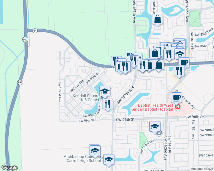 map of restaurants, bars, coffee shops, grocery stores, and more near 16940 Southwest 90th Terrace Circle in Miami