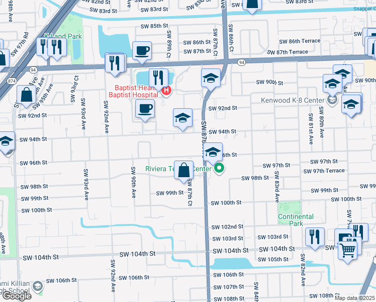 map of restaurants, bars, coffee shops, grocery stores, and more near 8765 Southwest 96th Street in Miami