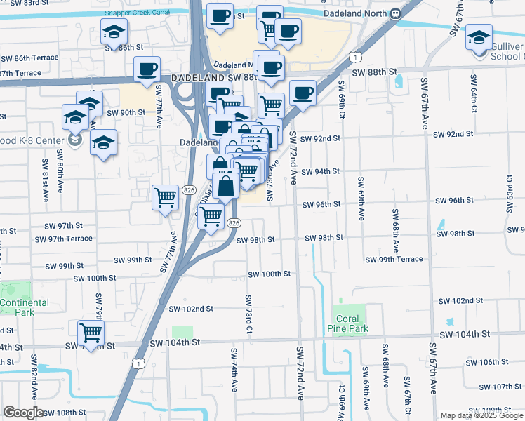 map of restaurants, bars, coffee shops, grocery stores, and more near 7305 Southwest 96th Street in Miami