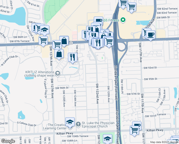 map of restaurants, bars, coffee shops, grocery stores, and more near 12250 Southwest 93rd Street in Miami