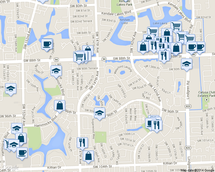 map of restaurants, bars, coffee shops, grocery stores, and more near 14372 Southwest 90th Terrace in Miami