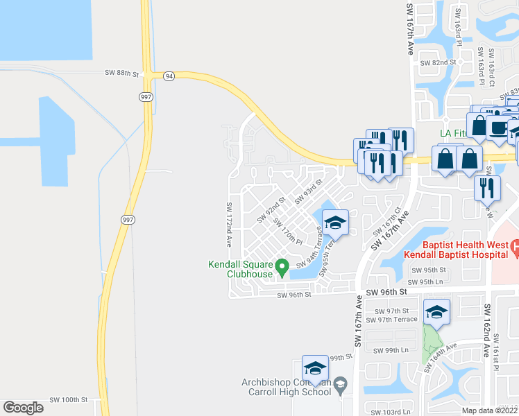 map of restaurants, bars, coffee shops, grocery stores, and more near 9124 Southwest 170th Place in Miami