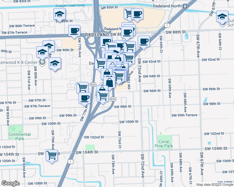 map of restaurants, bars, coffee shops, grocery stores, and more near 7355 Southwest 96th Street in Miami