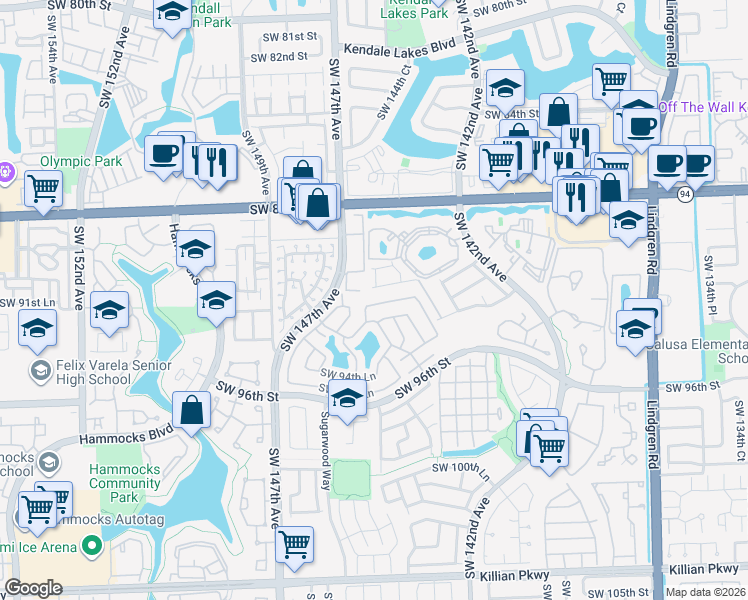 map of restaurants, bars, coffee shops, grocery stores, and more near 14445 Southwest 92nd Terrace in Miami