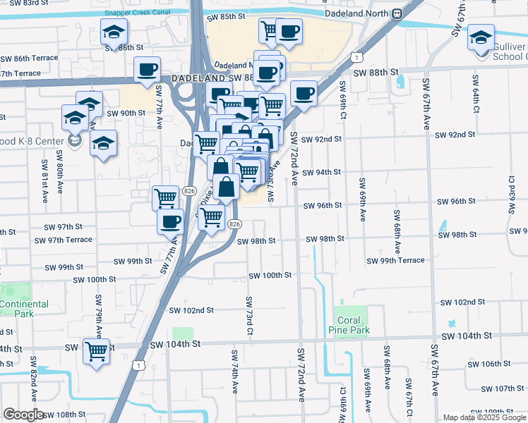 map of restaurants, bars, coffee shops, grocery stores, and more near 7305 Southwest 96th Street in Miami