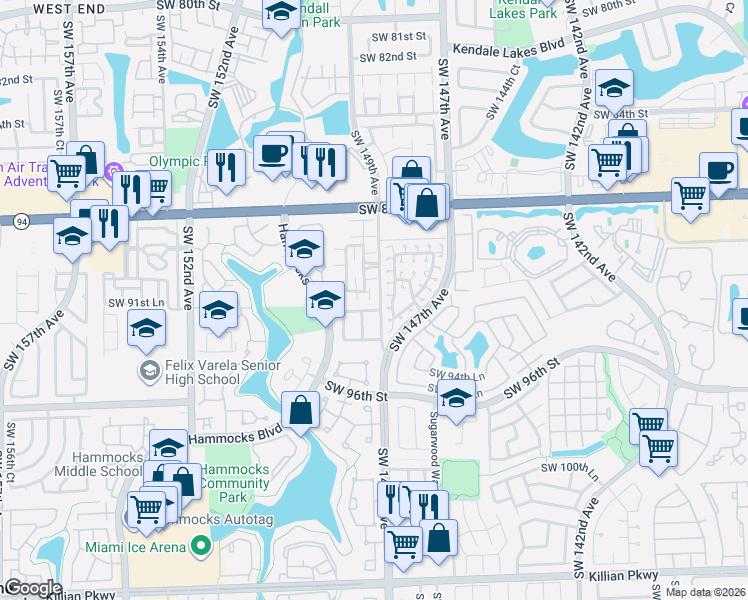 map of restaurants, bars, coffee shops, grocery stores, and more near 9111 Southwest 149th Court in Miami