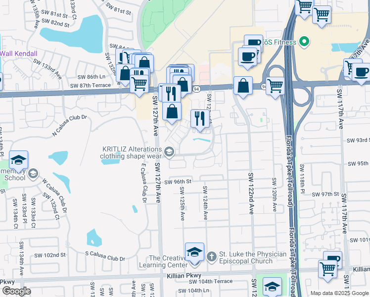 map of restaurants, bars, coffee shops, grocery stores, and more near 9050 Southwest 125th Avenue in Miami
