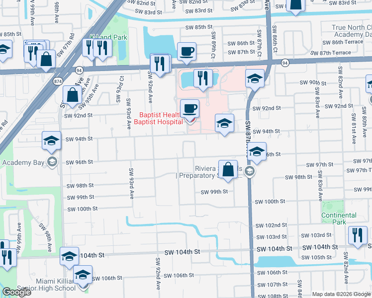 map of restaurants, bars, coffee shops, grocery stores, and more near 9434 Southwest 89th Place in Miami