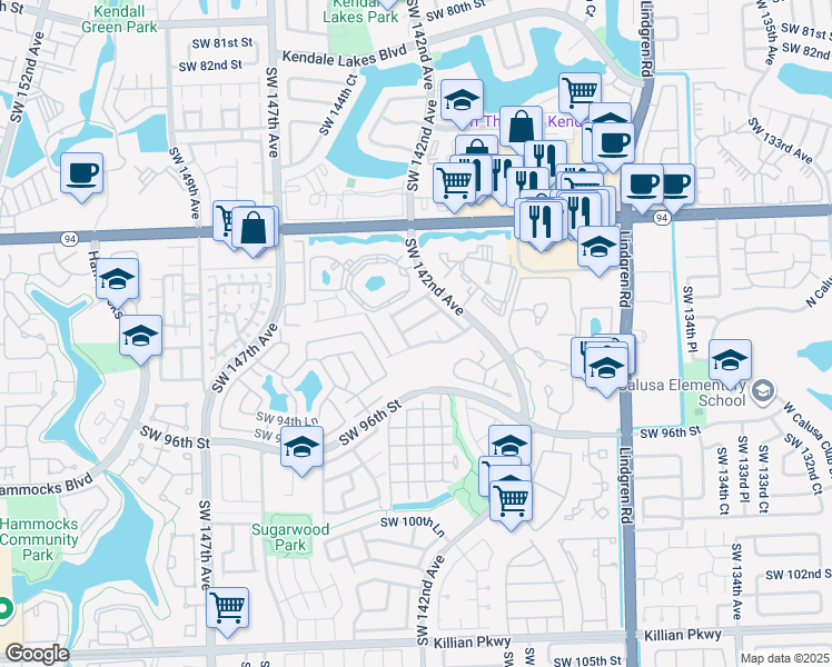 map of restaurants, bars, coffee shops, grocery stores, and more near 9133 Southwest 142nd Place in Miami