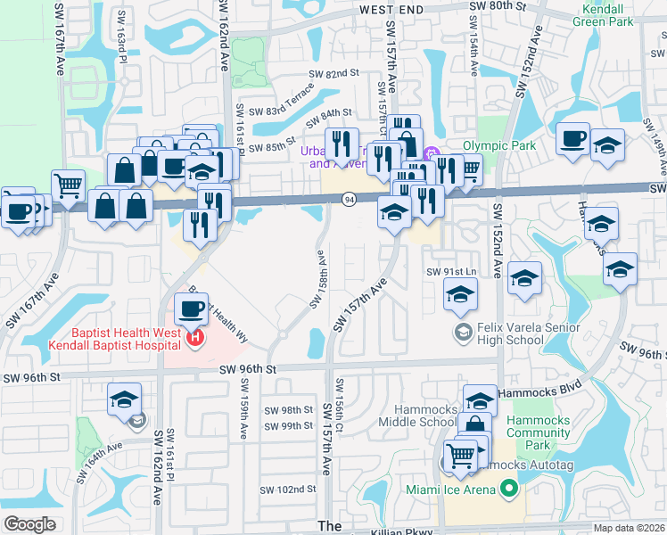 map of restaurants, bars, coffee shops, grocery stores, and more near Southwest 158th Avenue in Miami