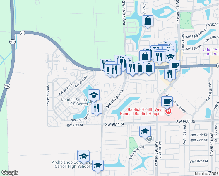 map of restaurants, bars, coffee shops, grocery stores, and more near 16815 Southwest 90th Terrace in Miami