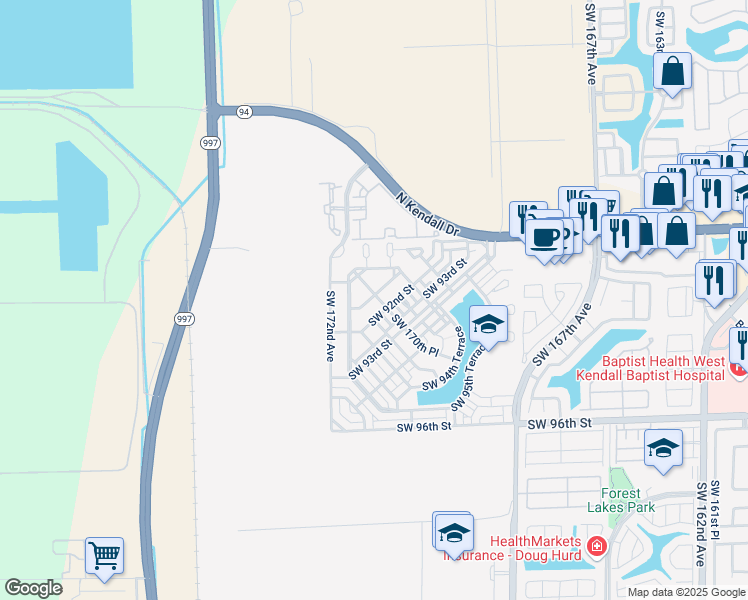 map of restaurants, bars, coffee shops, grocery stores, and more near 9124 Southwest 170th Place in Miami