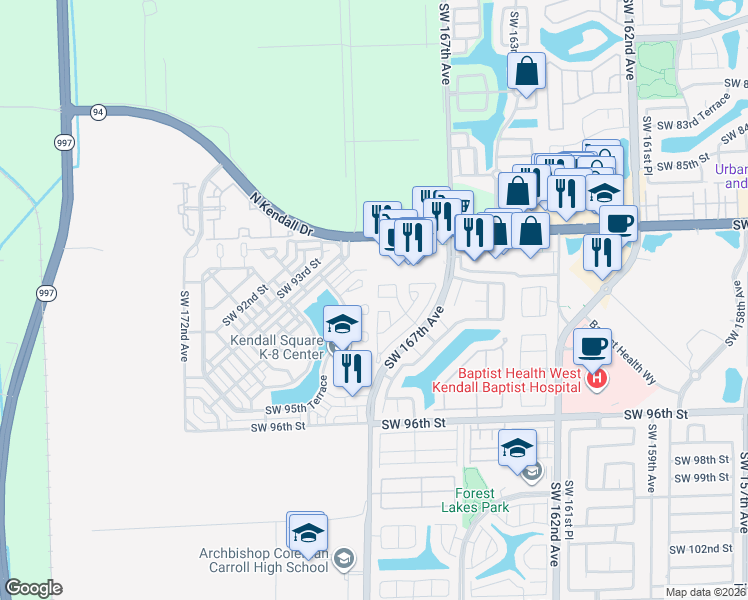 map of restaurants, bars, coffee shops, grocery stores, and more near 9016 Southwest 169th Court in Miami