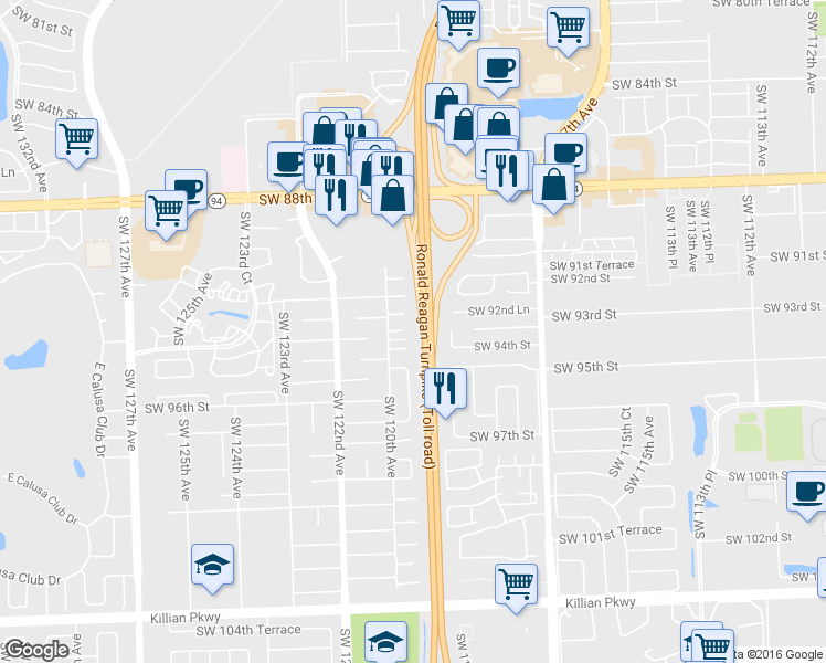 map of restaurants, bars, coffee shops, grocery stores, and more near 11965 Southwest 93rd Terrace in Miami