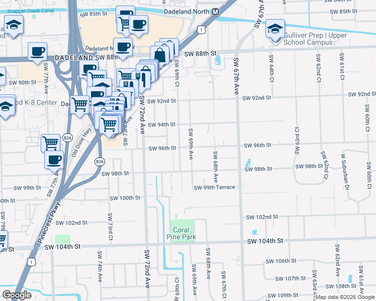 map of restaurants, bars, coffee shops, grocery stores, and more near 6904 Southwest 96th Street in Miami