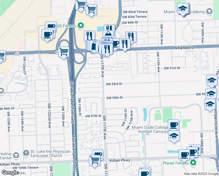 map of restaurants, bars, coffee shops, grocery stores, and more near 11564 Southwest 93rd Street in Miami