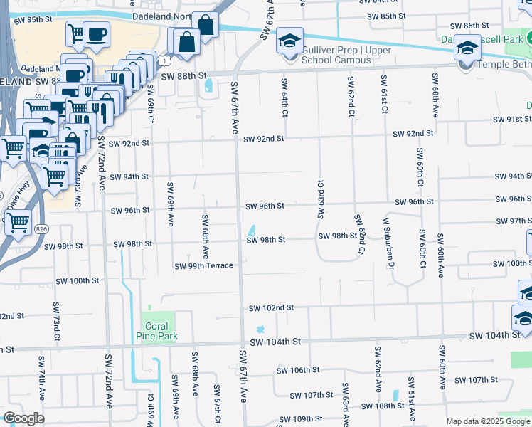 map of restaurants, bars, coffee shops, grocery stores, and more near 6636 Southwest 96th Street in Pinecrest