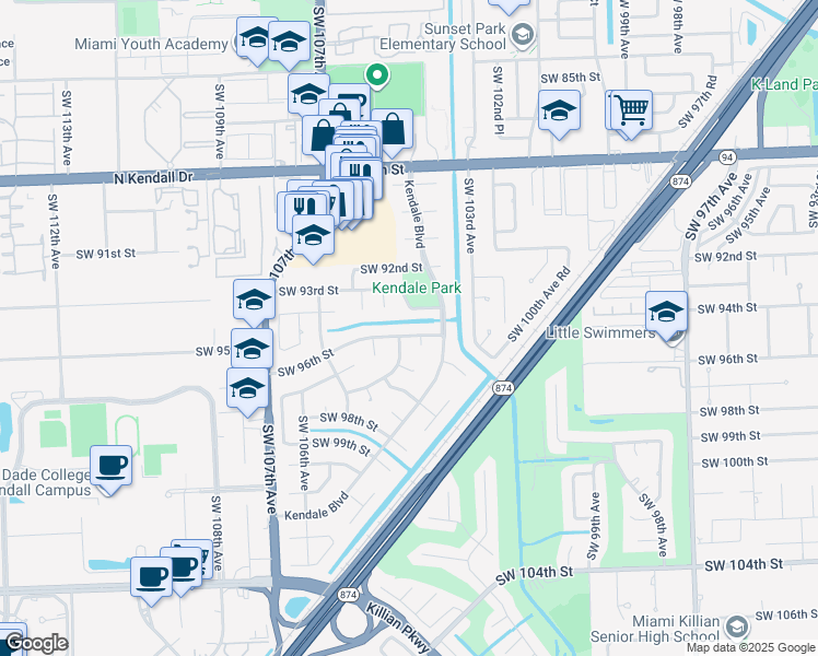 map of restaurants, bars, coffee shops, grocery stores, and more near 10355 Southwest 96th Street in Miami