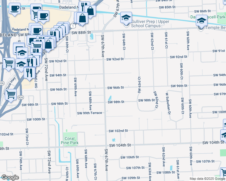 map of restaurants, bars, coffee shops, grocery stores, and more near 6636 Southwest 96th Street in Pinecrest