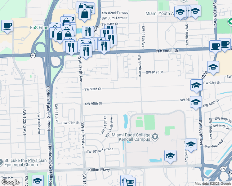 map of restaurants, bars, coffee shops, grocery stores, and more near 11340 Southwest 93rd Street in Miami