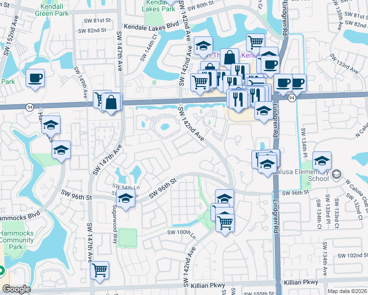 map of restaurants, bars, coffee shops, grocery stores, and more near 9133 Southwest 142nd Place in Miami