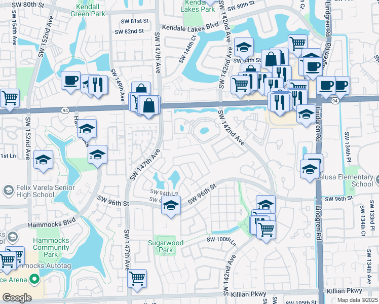 map of restaurants, bars, coffee shops, grocery stores, and more near 14347 Southwest 92nd Terrace in Miami