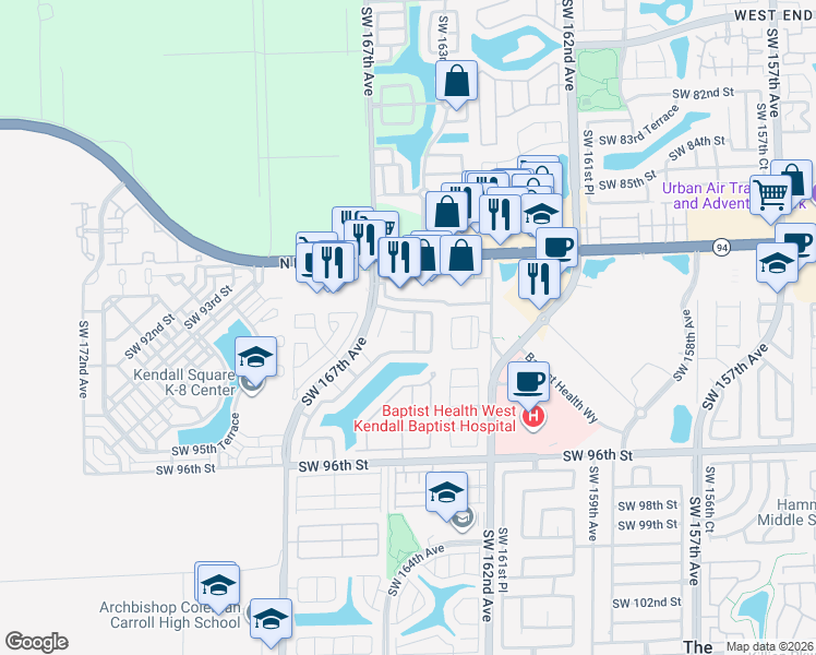 map of restaurants, bars, coffee shops, grocery stores, and more near 9070 Southwest 165th Place in Miami