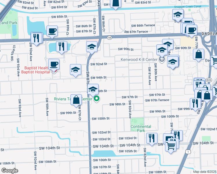 map of restaurants, bars, coffee shops, grocery stores, and more near 8445 Southwest 96th Street in Miami