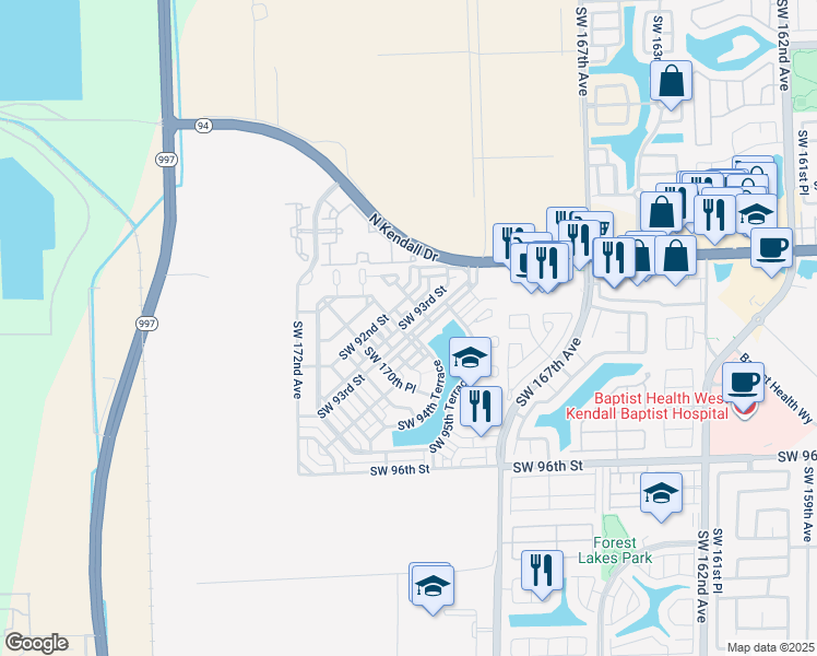 map of restaurants, bars, coffee shops, grocery stores, and more near 16985 Southwest 93rd Street in Miami