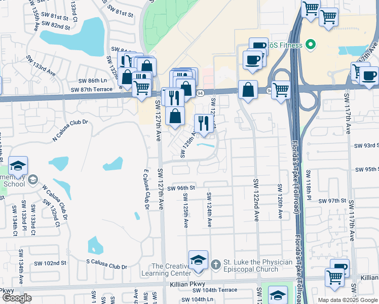 map of restaurants, bars, coffee shops, grocery stores, and more near 9255 Southwest 125th Avenue in Miami