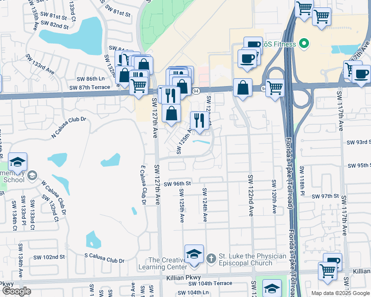 map of restaurants, bars, coffee shops, grocery stores, and more near 9285 Southwest 125th Avenue in Miami