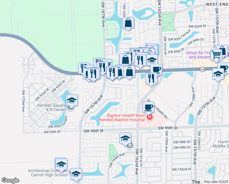 map of restaurants, bars, coffee shops, grocery stores, and more near 9060 Southwest 165th Place in Miami