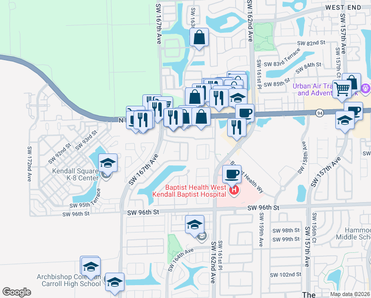 map of restaurants, bars, coffee shops, grocery stores, and more near 9070 SW 165th Pl in Miami