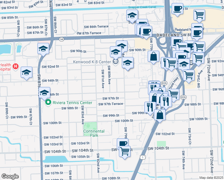map of restaurants, bars, coffee shops, grocery stores, and more near 7979 Southwest 96th Street in Miami