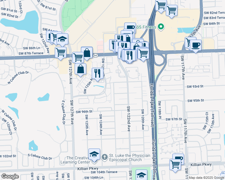 map of restaurants, bars, coffee shops, grocery stores, and more near 9319 Southwest 123rd Avenue Court in Miami