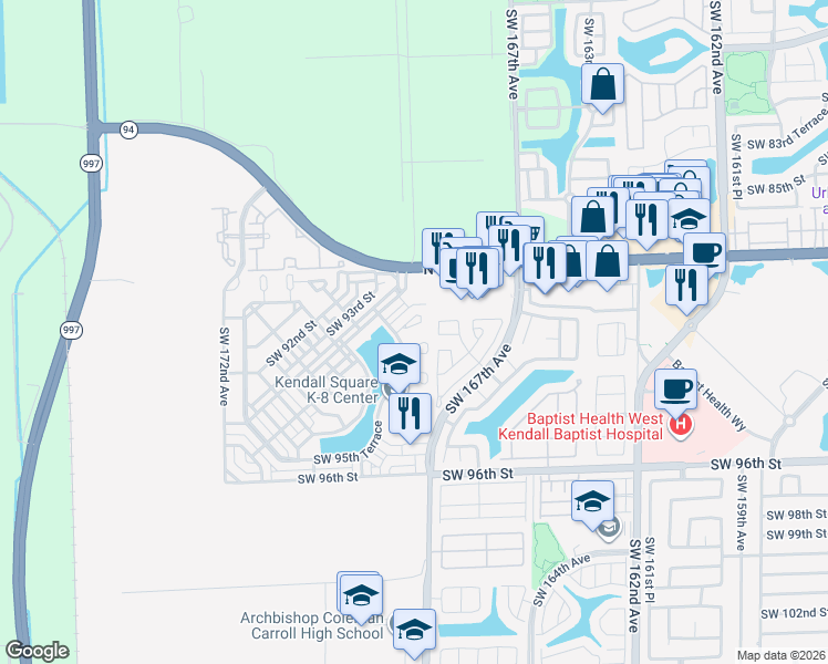 map of restaurants, bars, coffee shops, grocery stores, and more near 16940 Southwest 90th Terrace Circle in Miami