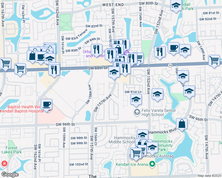 map of restaurants, bars, coffee shops, grocery stores, and more near 9111 Southwest 157th Avenue Road in Miami