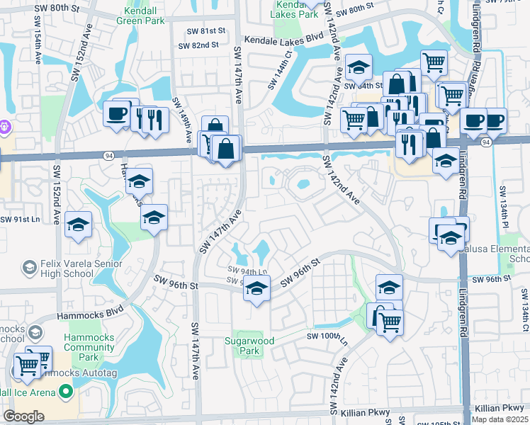 map of restaurants, bars, coffee shops, grocery stores, and more near 14372 Southwest 90th Terrace in Miami