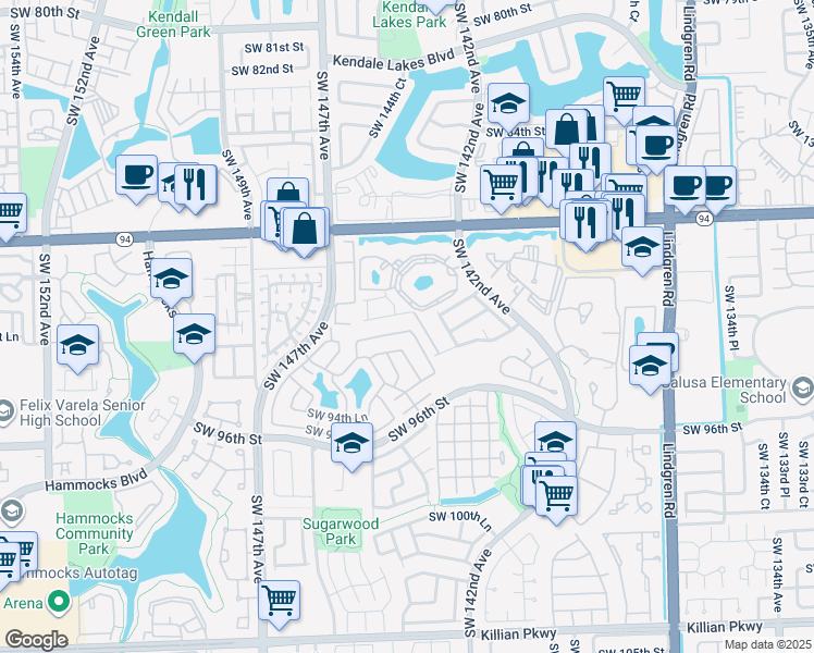 map of restaurants, bars, coffee shops, grocery stores, and more near 14347 Southwest 92nd Terrace in Miami
