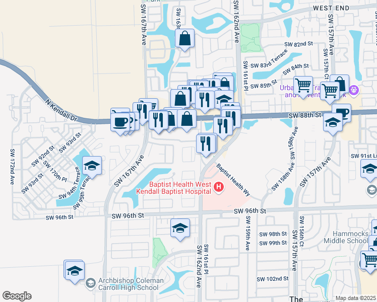 map of restaurants, bars, coffee shops, grocery stores, and more near 9060 Southwest 162nd Place in Miami