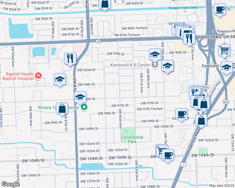 map of restaurants, bars, coffee shops, grocery stores, and more near 8315 Southwest 96th Street in Miami
