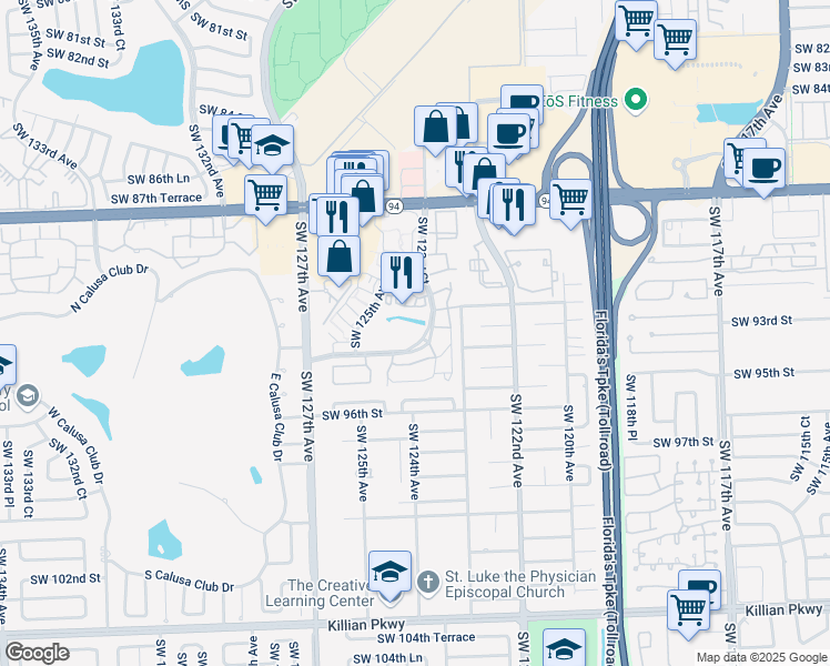 map of restaurants, bars, coffee shops, grocery stores, and more near 9280 Court in Miami