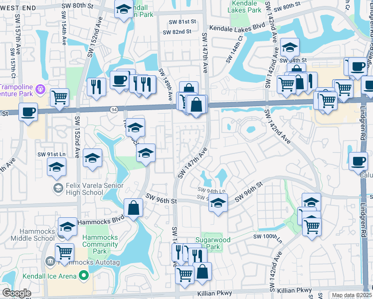 map of restaurants, bars, coffee shops, grocery stores, and more near 9116 Southwest 147th Court in Miami