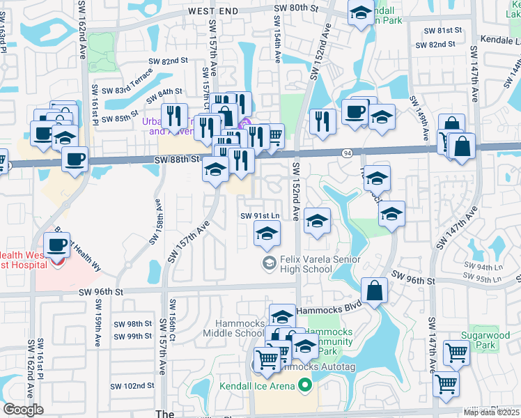 map of restaurants, bars, coffee shops, grocery stores, and more near 9140 Southwest 153rd Avenue in Miami