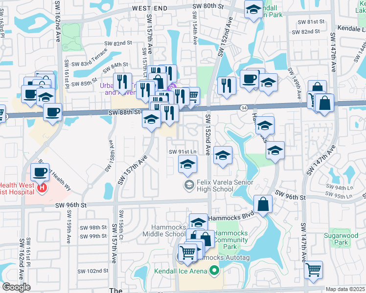 map of restaurants, bars, coffee shops, grocery stores, and more near 9140 Southwest 153rd Avenue in Miami